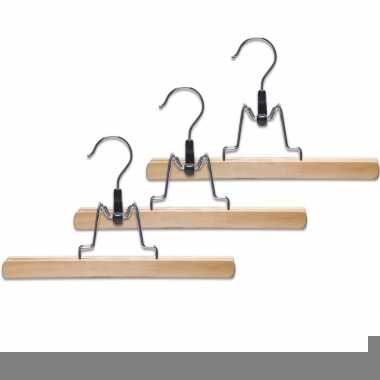 Goedkope 3x houten broekhangers/rokhangers klerenhangers met klem 25 cm