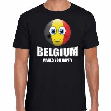 Goedkope belgium makes you happy landen / vakantie shirt zwart voor heren met emoticon