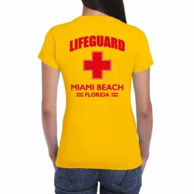 Goedkope carnaval reddingsbrigade/ lifeguard miami beach florida t shirt geel / achter bedrukking dames