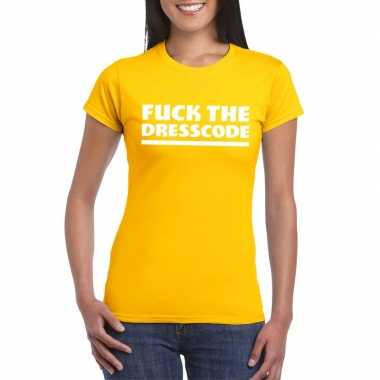Goedkope fuck the dresscode fun t shirt voor dames geel