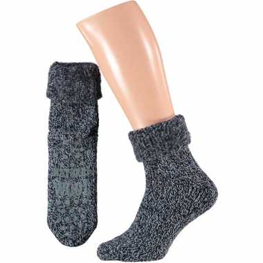 Goedkope gebreide anti slip huissokken/slofsokken kort navyblauw maat 39 42 voor vrouwen/dames