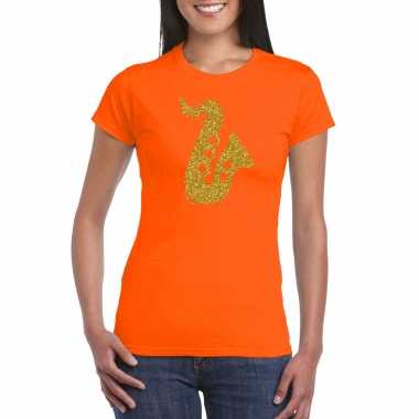 Goedkope gouden muziek saxofoon t shirt oranje voor dames saxofonisten outfit