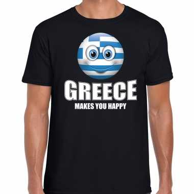 Goedkope greece makes you happy landen / vakantie shirt zwart voor heren met emoticon