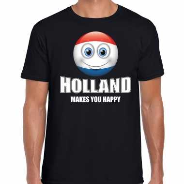 Goedkope holland makes you happy landen / vakantie shirt zwart voor heren met emoticon