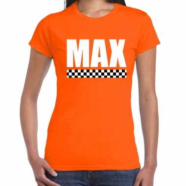 Goedkope max autocoureur / autosport supporter / finish vlag t shirt oranje voor dames