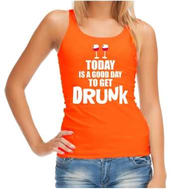 Goedkope oranje good day to get drunk wijn tanktop / mouwloos koningsdag t shirt voor dames