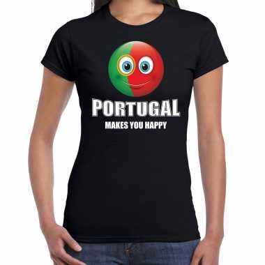 Goedkope portugal makes you happy landen / vakantie shirt zwart voor dames met emoticon