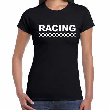 Goedkope racing autosport / motorsport supporter t shirt met finish vlag zwart voor dames