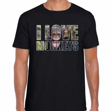 Goedkope tekst shirt i love chimpanzee monkeys foto zwart voor heren cadeau t shirt apen liefhebber