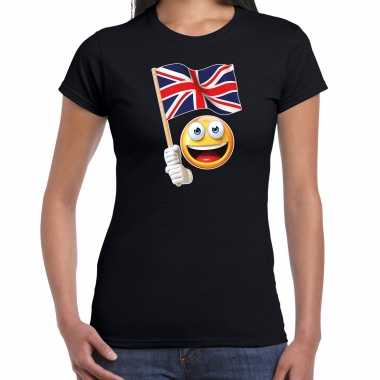 Goedkope verenigd koninkrijk fan shirt met smiley en uk zwaaivlaggetje zwart voor dames