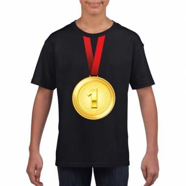 Goedkope winnaar gouden medaille shirt zwart kinderen