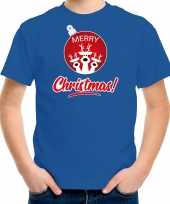 Goedkope blauw kerst-shirt kerstkleren merry christmas voor kinderen met rendier kerstbal