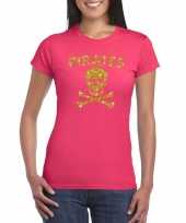 Goedkope carnaval foute party piraten t-shirt kostuum roze dames met gouden glitter bedrukking