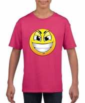 Goedkope emoticon ondeugend t-shirt fuchsia roze kinderen