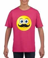 Goedkope emoticon snor t-shirt fuchsia roze kinderen