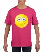Goedkope emoticon vrolijk t-shirt fuchsia roze kinderen