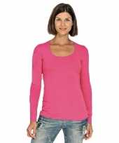Goedkope fuchsia roze longsleeve shirt met ronde hals voor dames