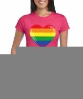 Goedkope gay pride t-shirt regenboog vlag in hart roze dames