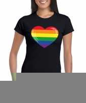 Goedkope gay pride t-shirt regenboog vlag in hart zwart dames