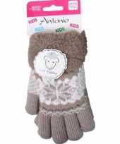 Goedkope gebreide handschoenen bruin met sneeuwster en nep bont voor meisjes kinderen