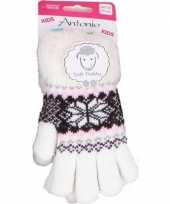 Goedkope gebreide handschoenen creme wit met sneeuwster en nep bont voor meisjes kinderen