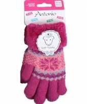 Goedkope gebreide handschoenen fuchsia roze met sneeuwster en nep bont voor meisjes kinderen
