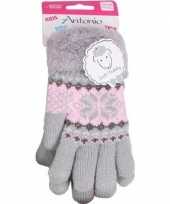 Goedkope gebreide handschoenen grijs met sneeuwster en nep bont voor meisjes kinderen
