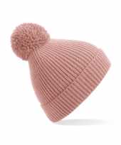 Goedkope gebreide warme wintermuts in het roze met pompom