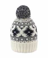 Goedkope gebreide zeer warme dames wintermuts met pompom wit navy