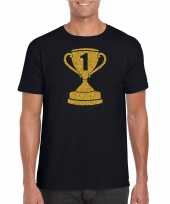 Goedkope gouden winnaars beker nr 1 t-shirt zwart voor heren