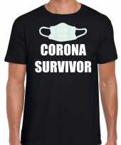 Goedkope kado t-shirt corona survivor zwart voor heren