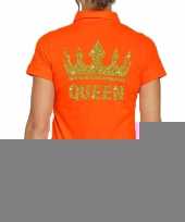 Goedkope koningsdag polo t-shirt oranje met gouden glitter queen voor dames