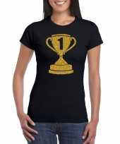 Goedkope nr 1 gouden winnaars beker t-shirt zwart voor dames