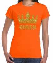 Goedkope oranje koningdag queen shirt met gouden glitters en kroon dames