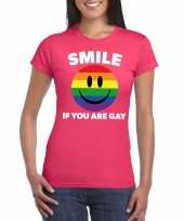 Goedkope regenboog emoticon smile if you are gay shirt roze dames