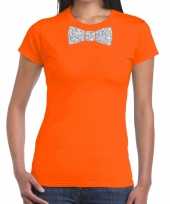 Goedkope vlinderdas t-shirt oranje met zilveren glitter strikje dames