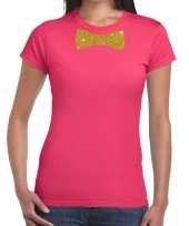 Goedkope vlinderdas t-shirt roze met glitter das dames