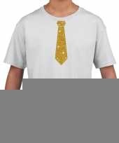Goedkope wit t-shirt met gouden stropdas voor kinderen