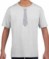 Goedkope wit t-shirt met zilveren stropdas voor kinderen