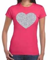 Goedkope zilveren hart glitter fun t-shirt roze voor dames