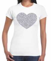 Goedkope zilveren hart glitter fun t-shirt wit voor dames