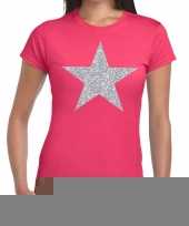 Goedkope zilveren ster glitter fun t-shirt roze voor dames