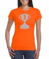 Goedkope zilveren winnaars beker nr 2 t-shirt oranje voor dames