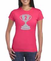 Goedkope zilveren winnaars beker nr 2 t-shirt roze voor dames