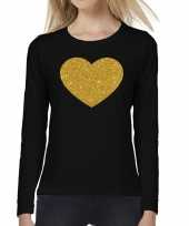 Goedkope zwart long sleeve t-shirt met gouden hart voor dames