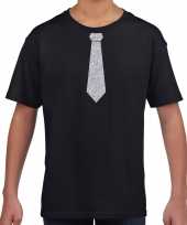 Goedkope zwart t-shirt met zilveren stropdas voor kinderen